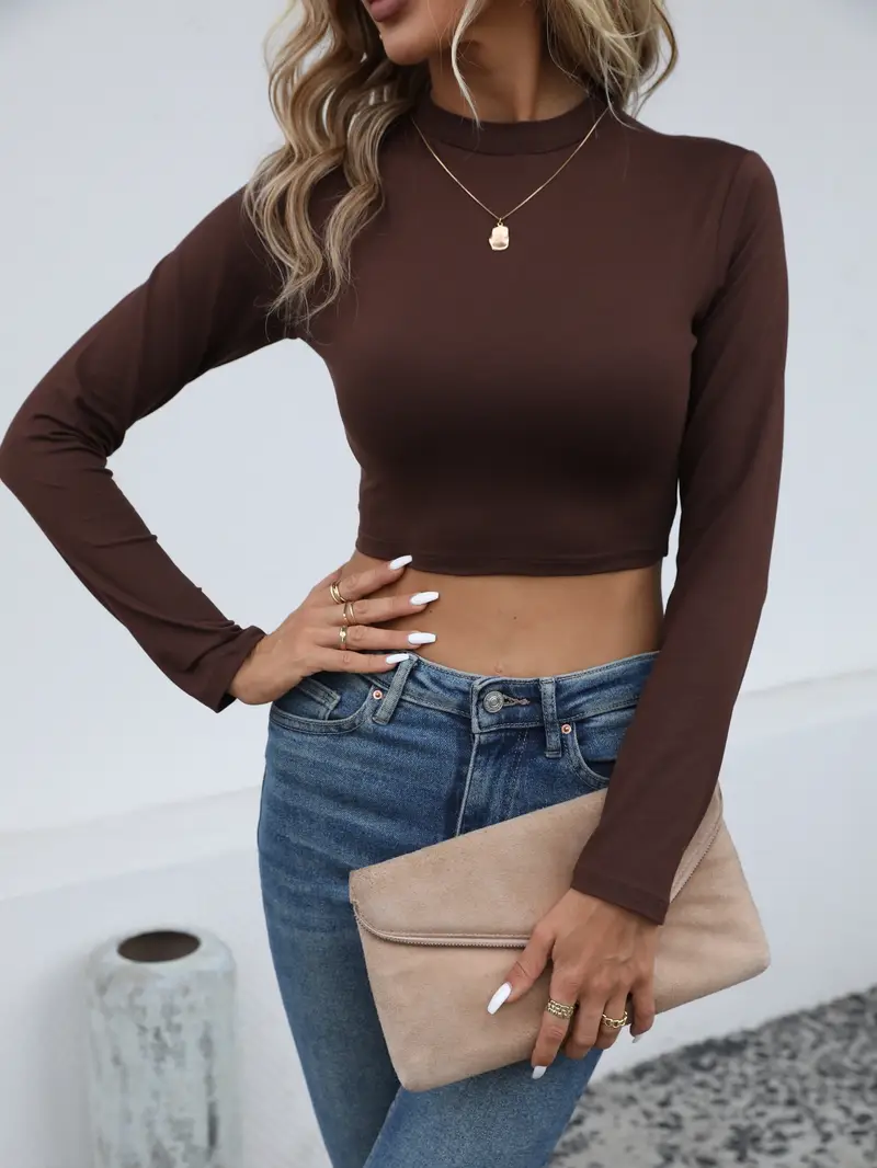 Solid Long Sleeve Crop Top, Crew Neck Casual Top For Spring & Fall, Women's Clothing