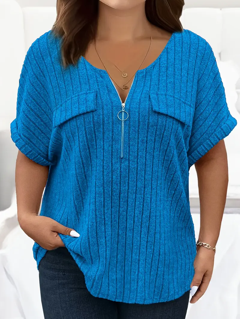 Plus Size - Plus Size - Plus Size Ženska elegantna proljetno-ljetna kratkih rukava s izrezom, džepom na patentni zatvarač, široka i udobna, ženska odjeća