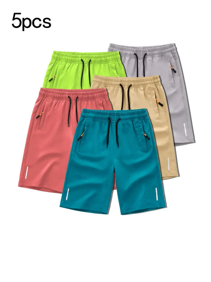 5pcs Set of Trendy Summer Shorts for Boys with Breathable Fabric, Drawstring, And Zip Pockets, for Outdoor