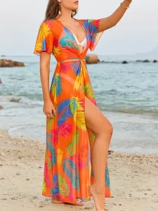womens tropical print v neck beach dress cross front twist