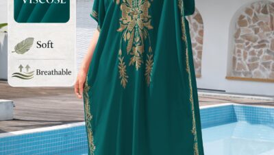 Plus Size - Plus Size - Ljetna kaftan haljina za žene size veličinama za 2024. s boho zelenim vezom i šišmiš rukavima, savršena za odmor na plaži i seksi V izrez Q1702